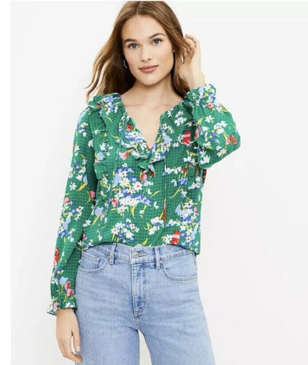 LOFT Green Floral Ruffle Tie Neck Blouse Cottagecore Romantic Top XS